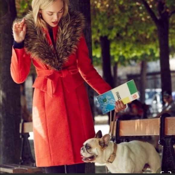 Anthropologie Orange Coat with Faux Fur Size 2 - Picture 2 of 15